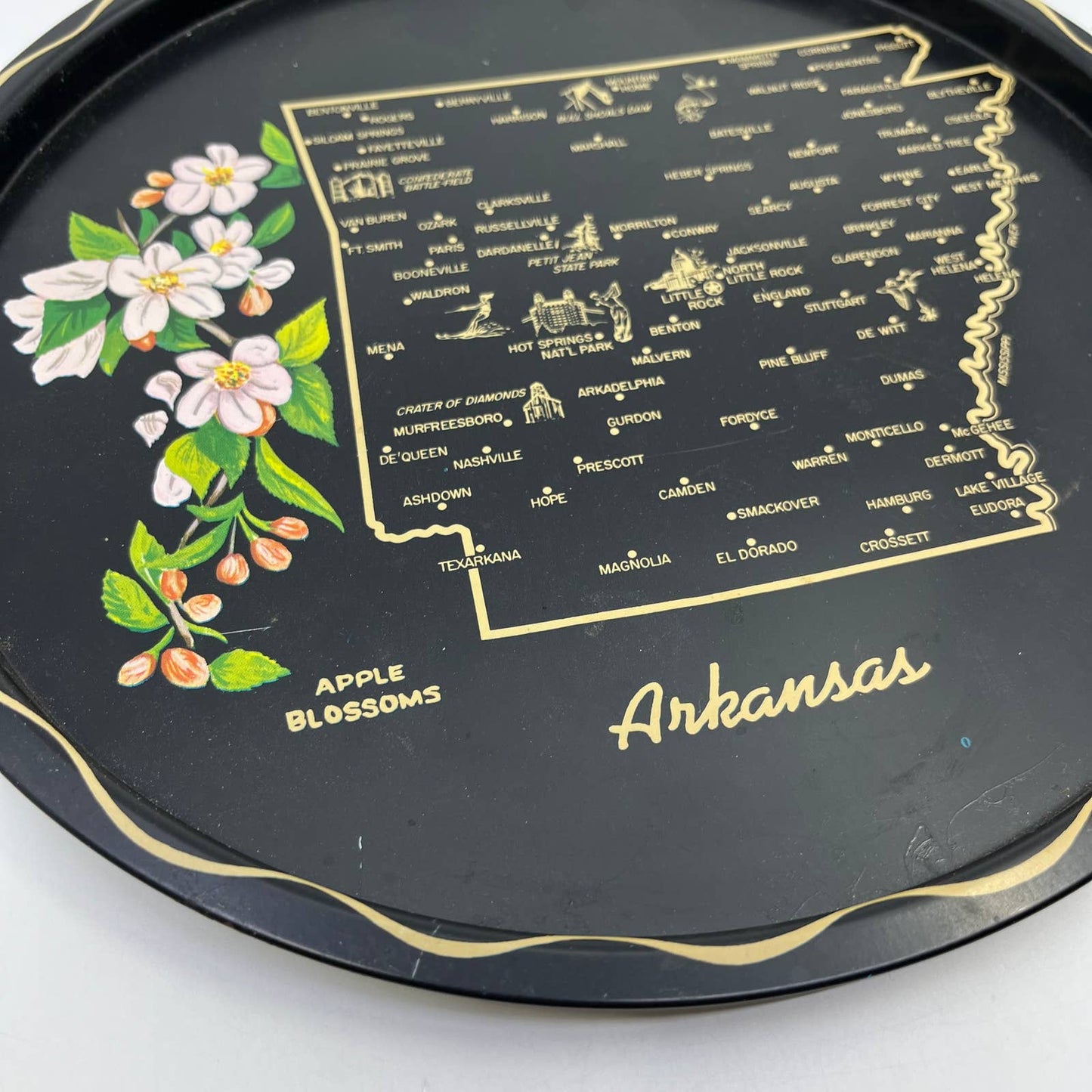 Vintage Black & Gold Metal State Souvenir Plate Tray Arkansas 11” TH2