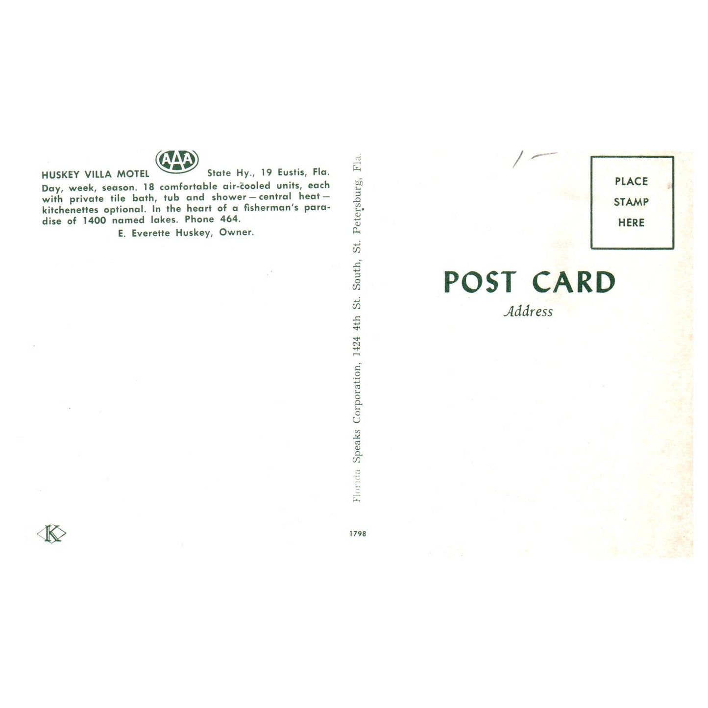 Vintage Postcard - Huskey Villa Motel Eustis Florida TJ6-1