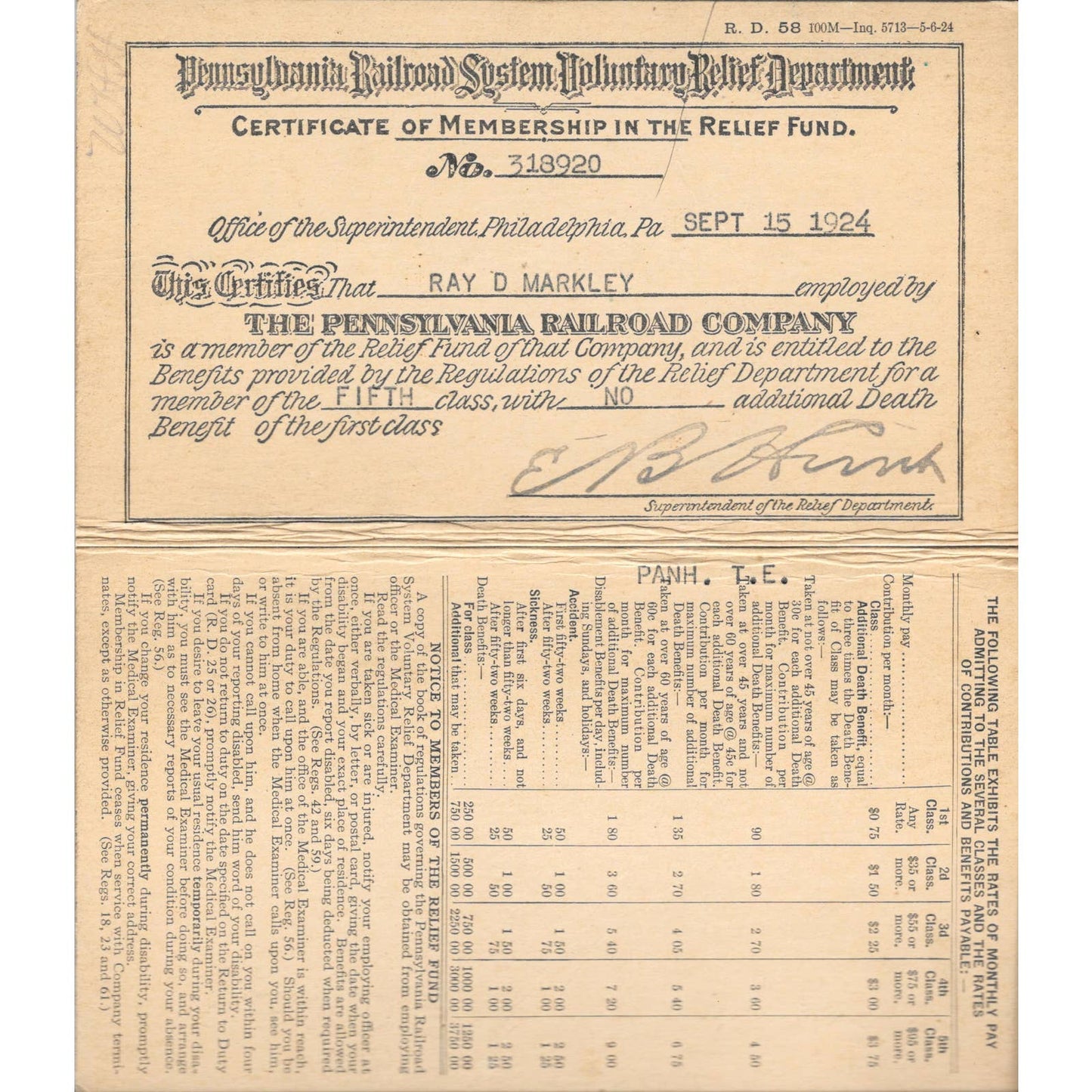 1924 Pennsylvania Railroad System Relief Fund Membership Certificate TJ8-1