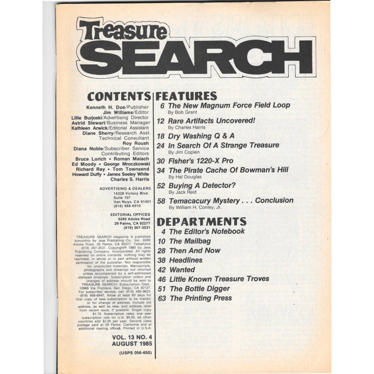 Treasure Search Magazine 1985 Aug Metal Detecting Gold Diamonds M2