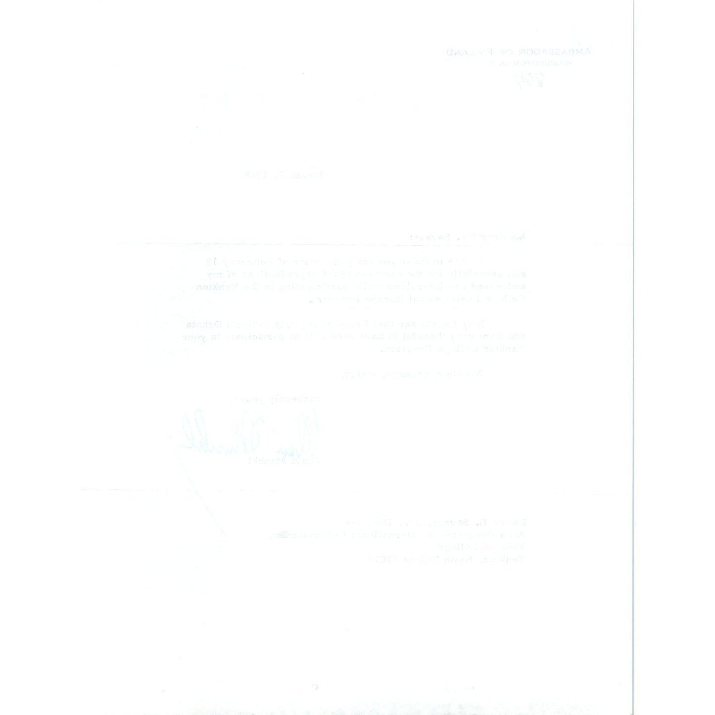 Ambassador of Finland Olavi Munkki Letterhead Memo March 1968 B10