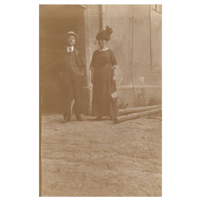 Victorian Man & Woman in Fancy Hats c1910 - Original Postcard RPPC TJ8-4