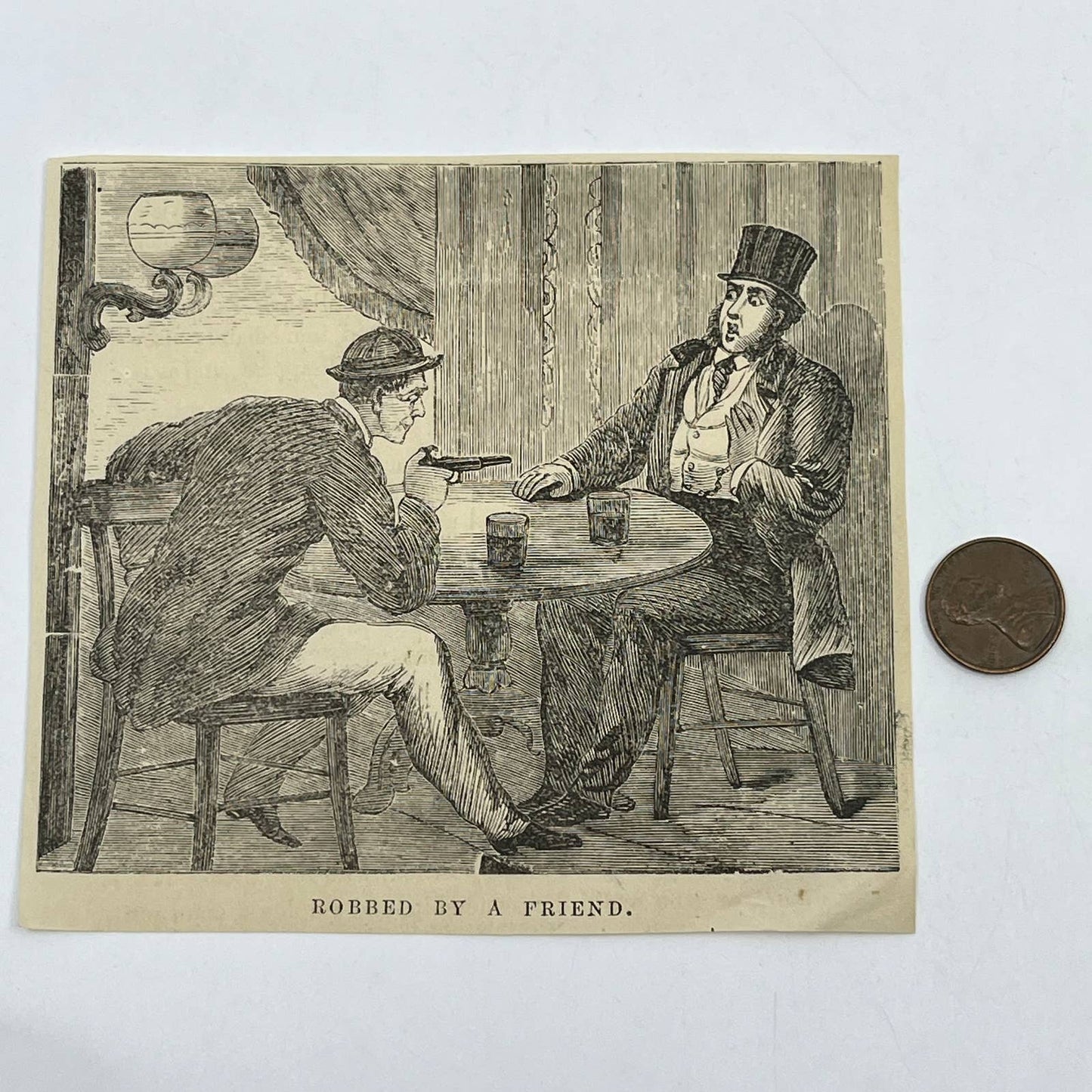 1880s Original Art Print Engraving Robbed By a Friend Victorian NY ~4.5" AC9