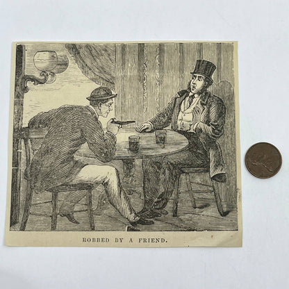 1880s Original Art Print Engraving Robbed By a Friend Victorian NY ~4.5" AC9