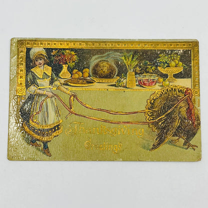 1910s Thanksgiving Post Card Turkey Dinner Banquet Dresden Gilt Embossed PA3