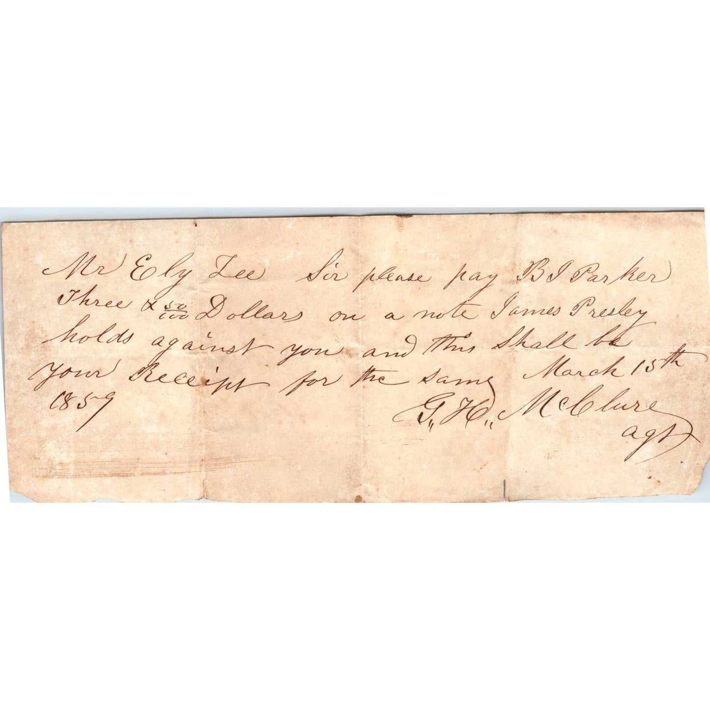 1859 Handwritten Note G.H. McClure to Eli Lee, BJ Parker Butler Co. AL AD6