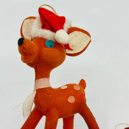 Vintage Celluloid Felt Flocked Santa Deer Christmas Tree Ornament 4" Set 3 TD2