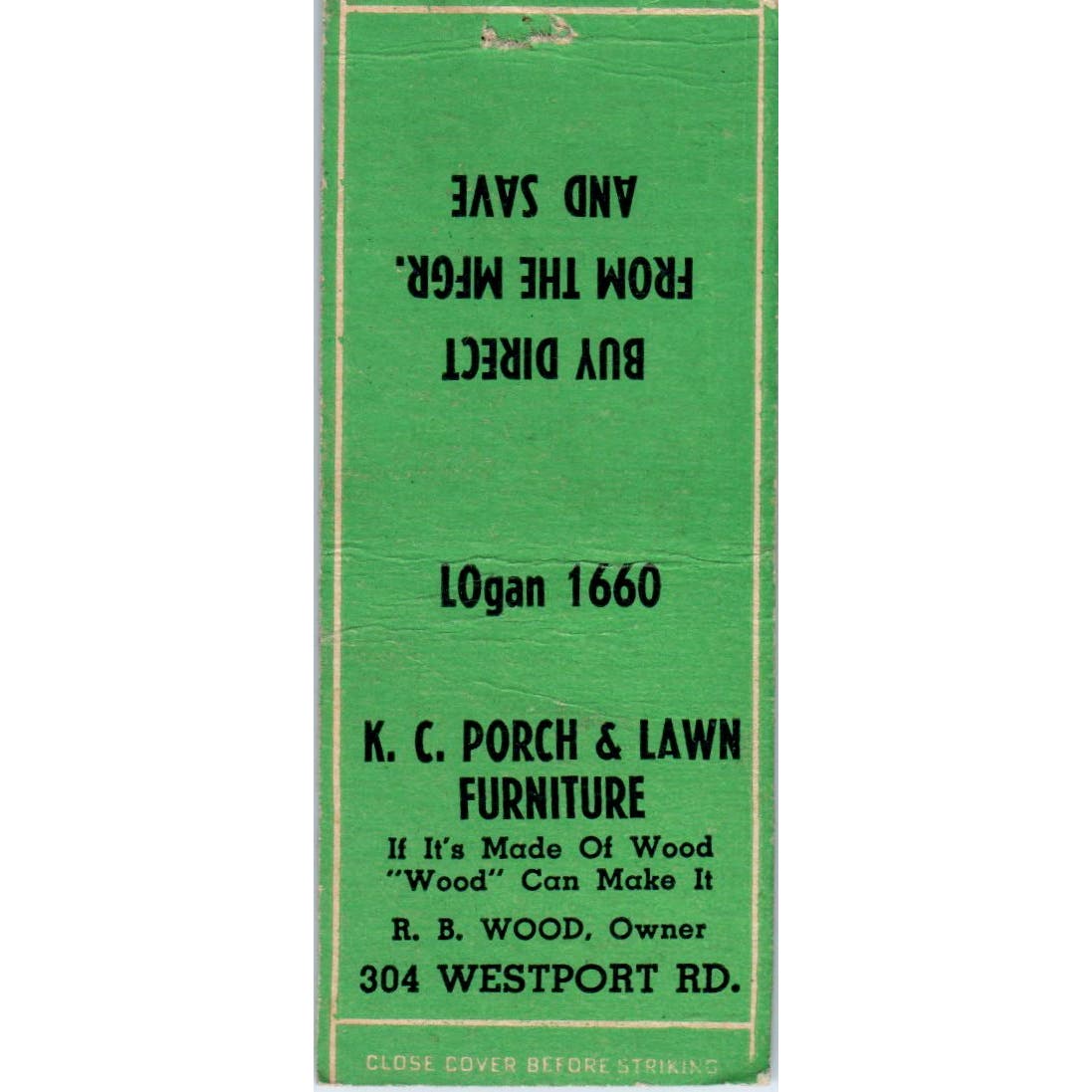 KC Porch & Lawn Furniture RB Wood Kansas City Advertising Matchbook Cover SA9-M2