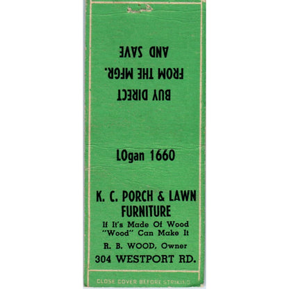KC Porch & Lawn Furniture RB Wood Kansas City Advertising Matchbook Cover SA9-M2