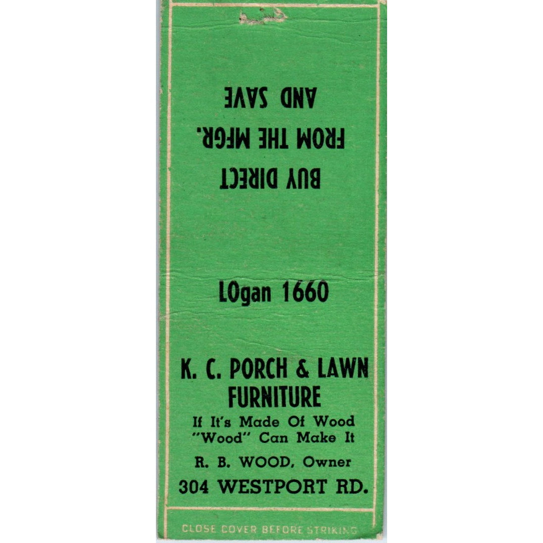 KC Porch & Lawn Furniture RB Wood Kansas City Advertising Matchbook Cover MM8-5