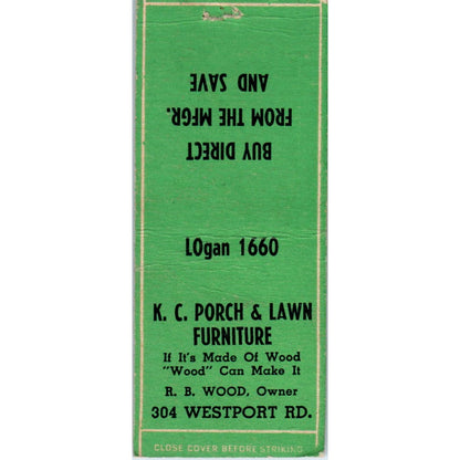 KC Porch & Lawn Furniture RB Wood Kansas City Advertising Matchbook Cover MM8-5