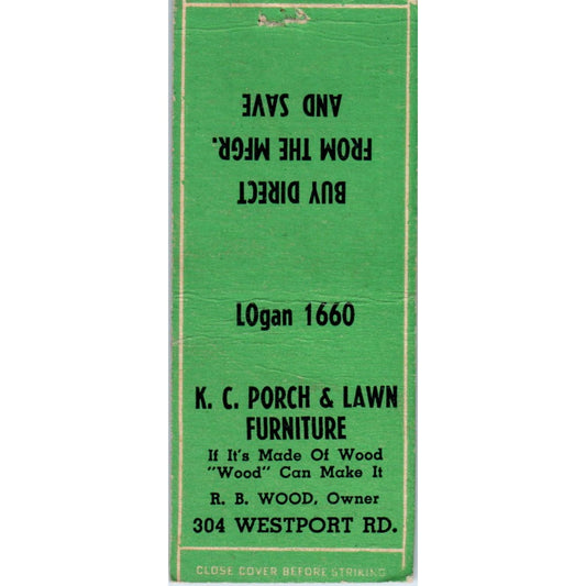 KC Porch & Lawn Furniture RB Wood Kansas City Advertising Matchbook Cover MM8-5