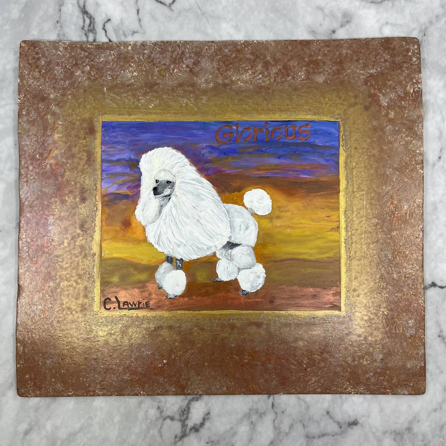 Original Art Painting on Copper Glorious White Poodle Connie Lawrie 8.5x9.5" TJ2