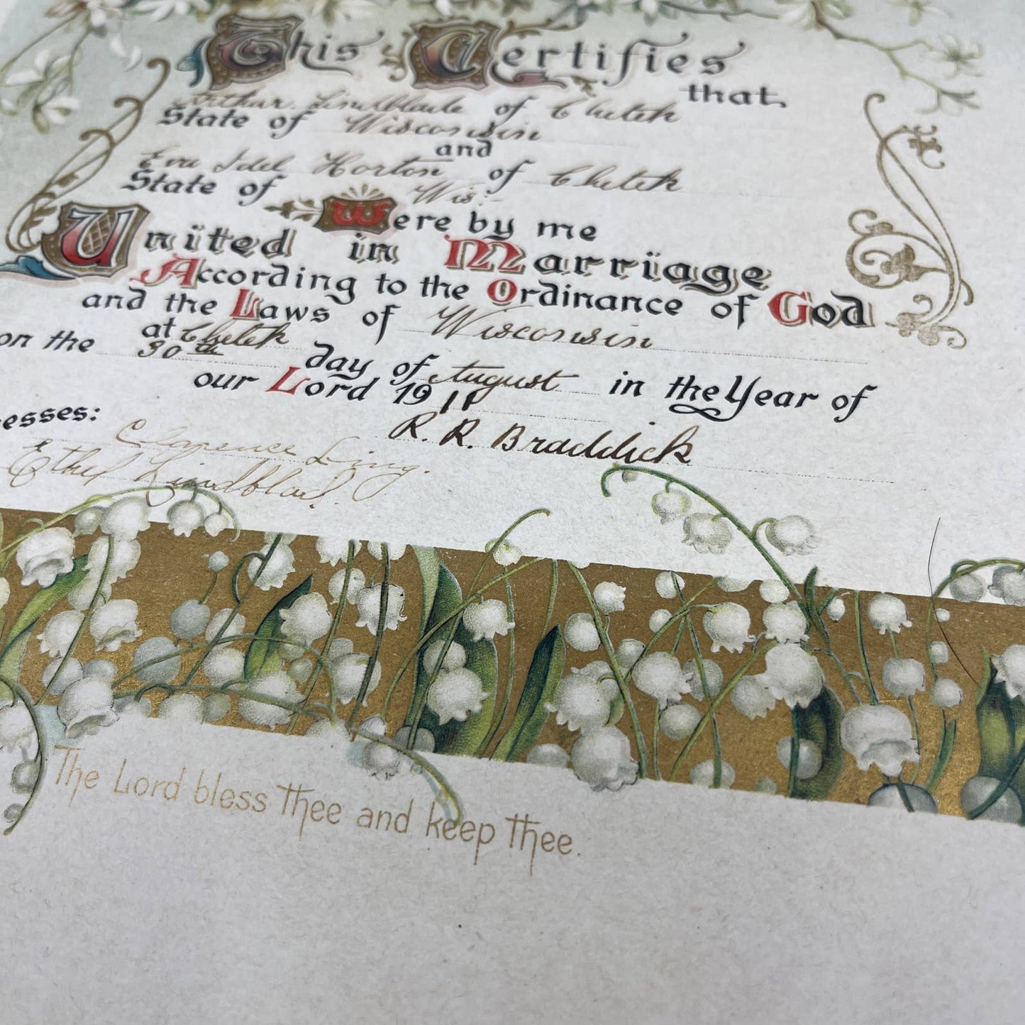 1911 Marriage Certificate Arthur Lindblade & Eva Idel Harton Chetek WI 11x15 FL3