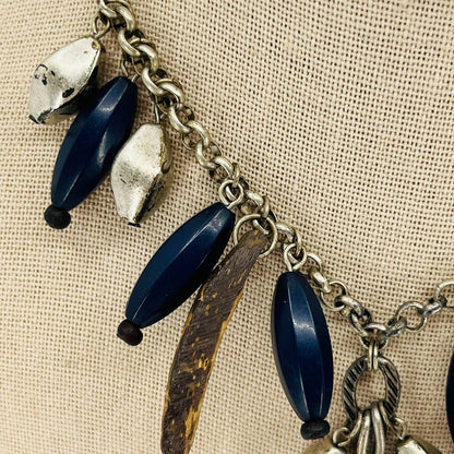 Vintage Brutalist Rustic Wood Metal Blue Bead Chunky Pendant Necklace SB2