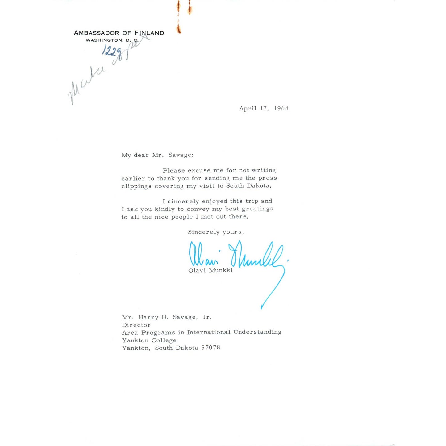 Ambassador of Finland Olavi Munkki Letterhead Memo April 1968 TK1-P4