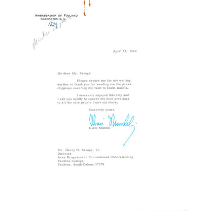 Ambassador of Finland Olavi Munkki Letterhead Memo April 1968 B10