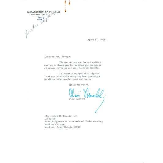 Ambassador of Finland Olavi Munkki Letterhead Memo April 1968 B10