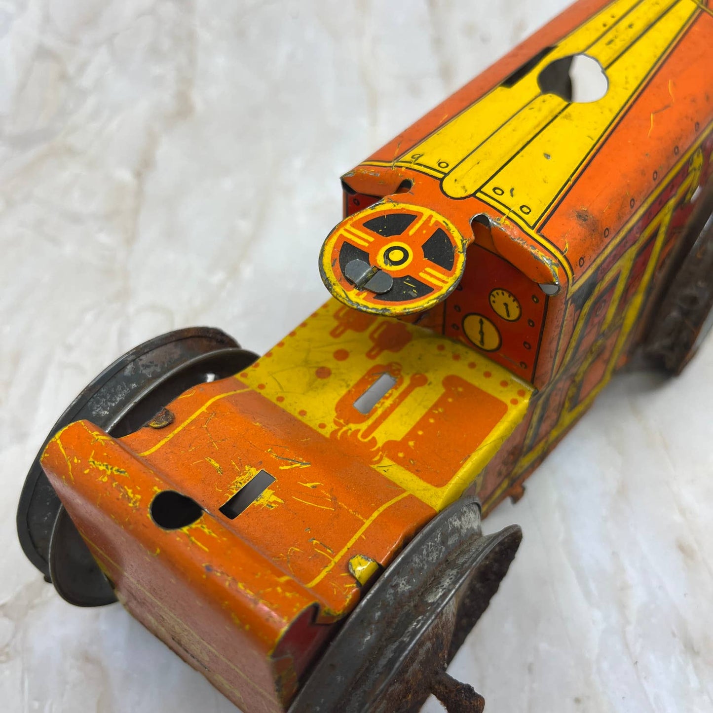 Marx Toy Wind Up Tin Litho Bulldozer/Tractor Yellow & Orange 8x3.5” TK2