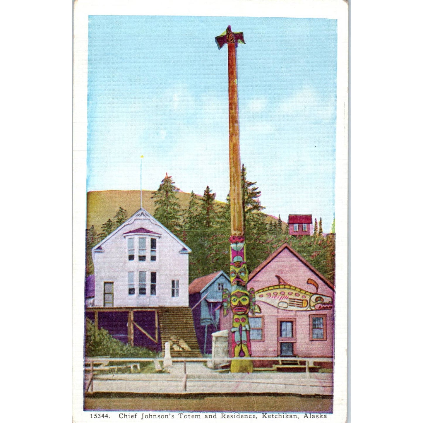 Chief Johnson's Totem and Residence Ka-Juk Alaska Original Postcard TK1-30