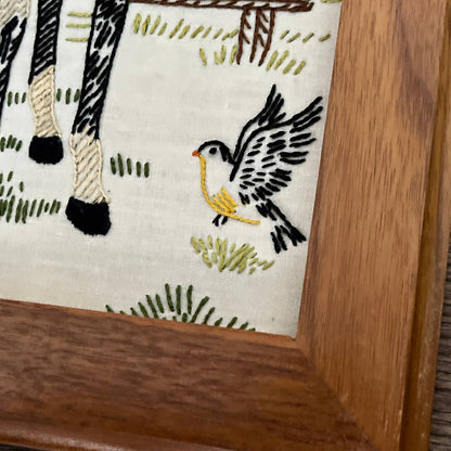 1980s Original Art Horses Embroidery Crewel Set of 2 Walnut Frame 11x17"