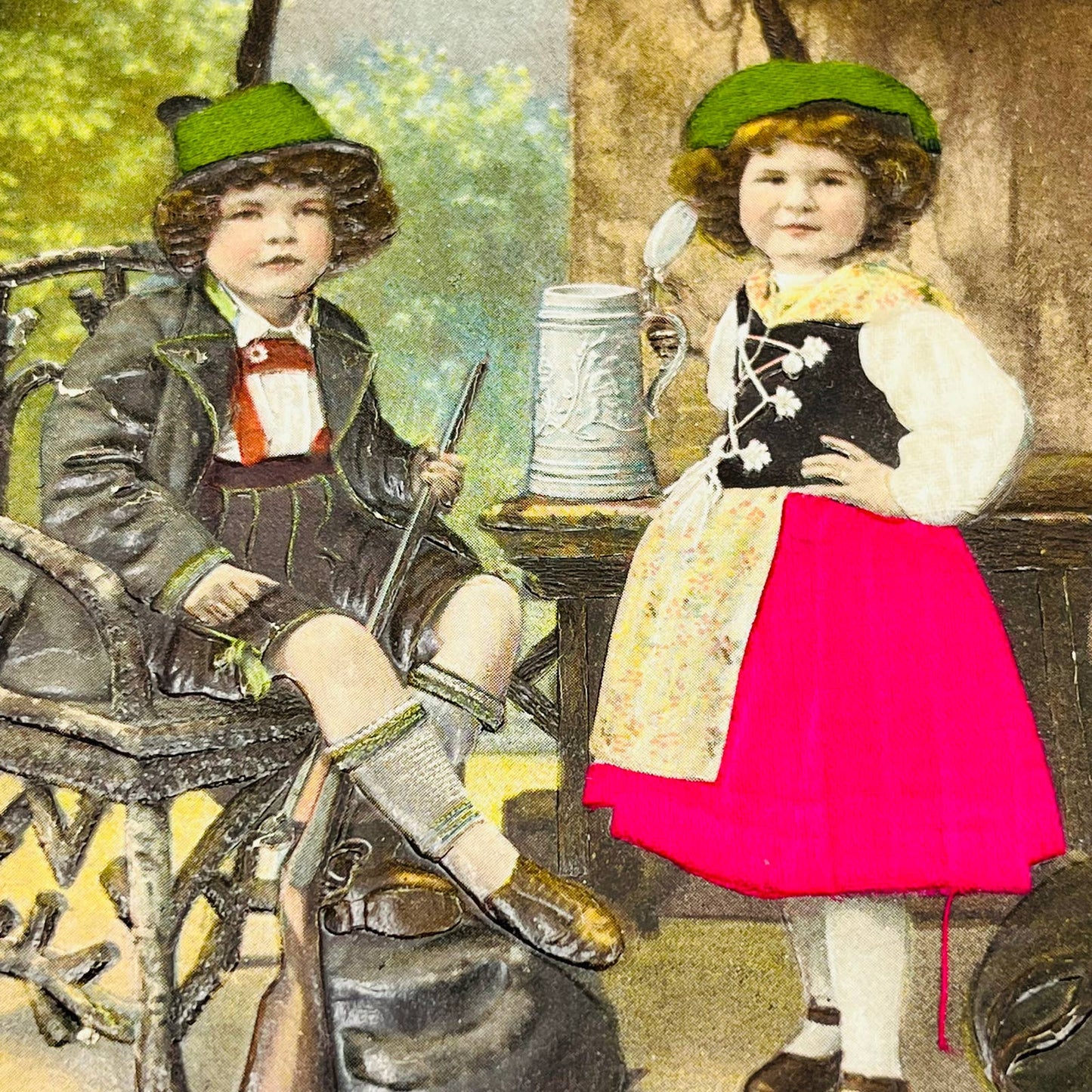 1910s Post Card Embossed Boy and Girl With Silk Dress Rifle Beer Stein PA7