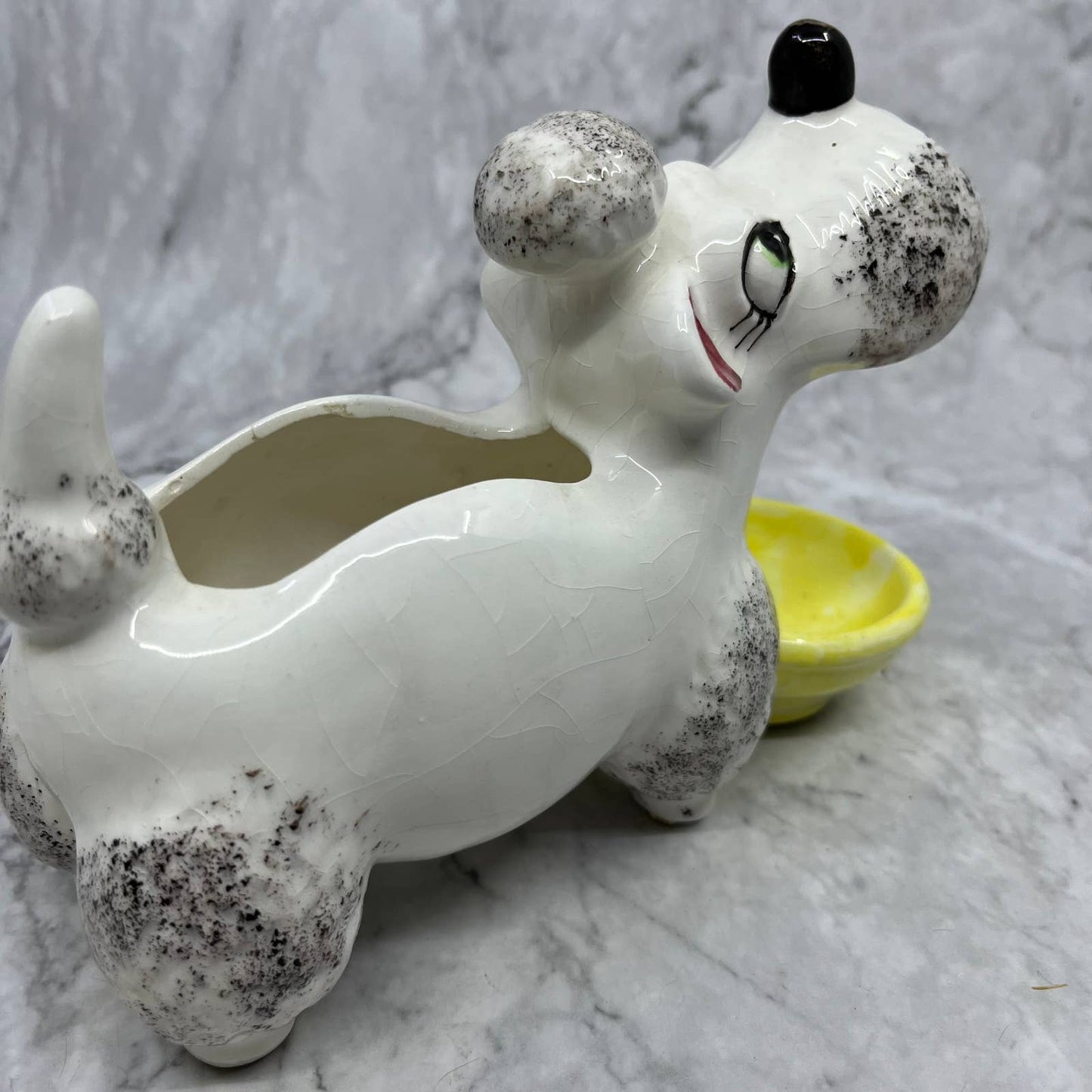 Vintage MCM Porcelain White Poodle & Dish Planter Japan 5x7" TJ2