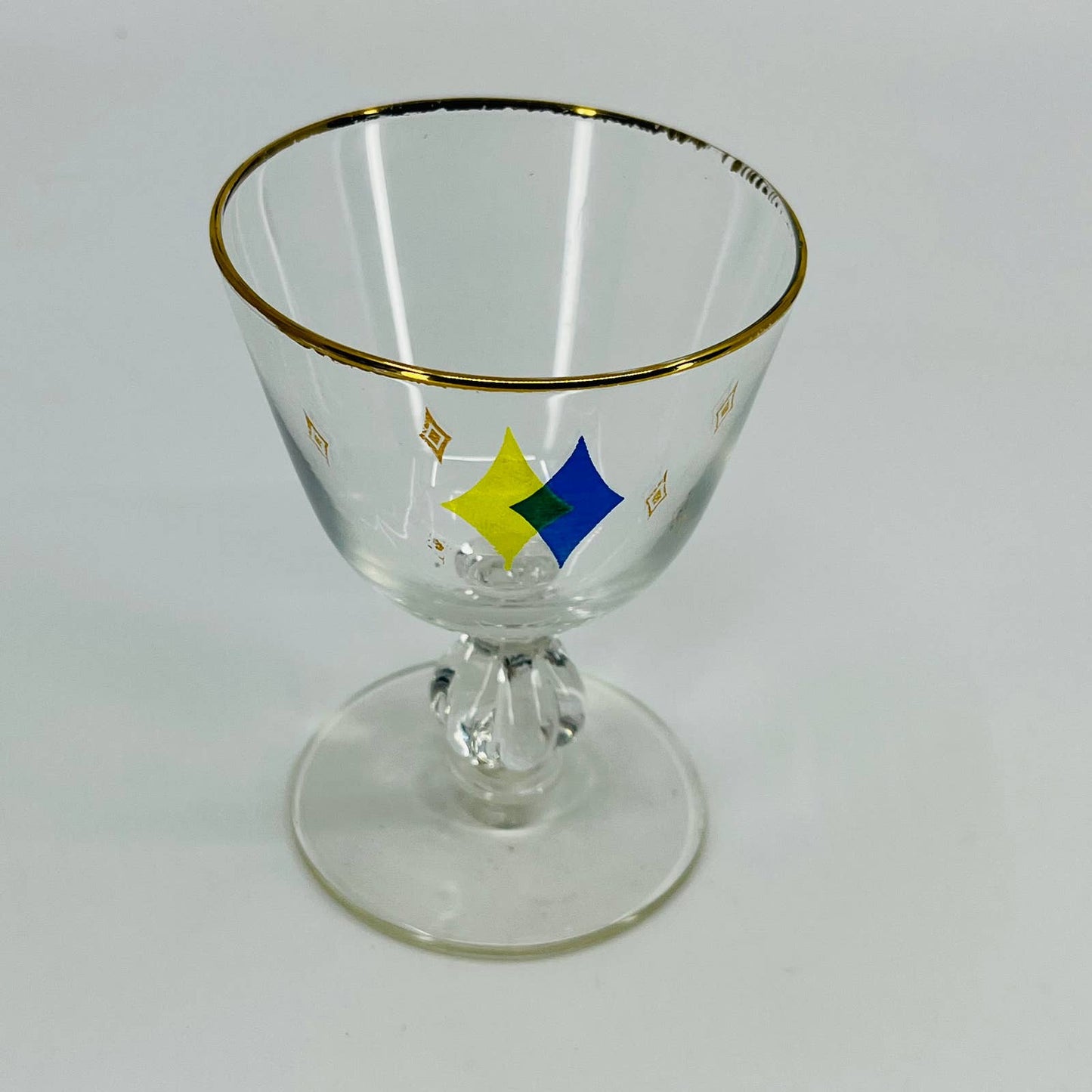 1950s Libbey Atomic Diamond Cordial Champagne Glass Yellow/Blue TD9
