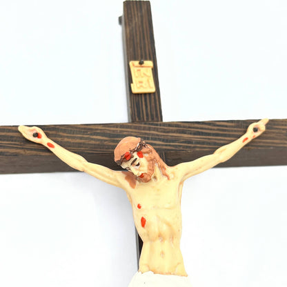 Vintage Wall Crucifix Solid Wood Cross w/ Resin Hand Painted Jesus Italy 12" TG4