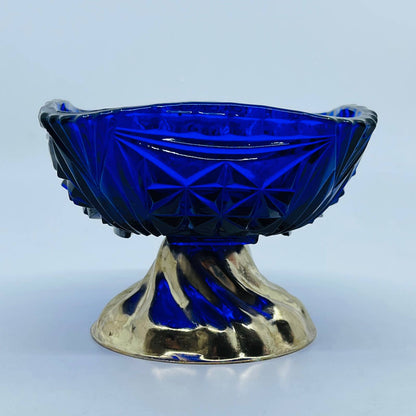 Vintage Cobalt Blue Cut Glass Silver Tone Footed Compote Dish 3.5 x 4.5” TD7