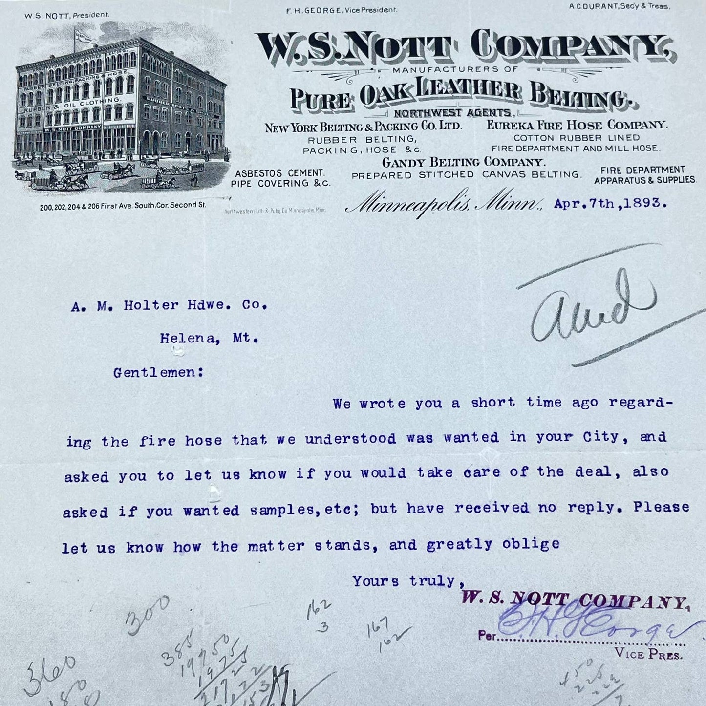 1893 W.S. Nott Company Oak Leather Belting Letterhead Minneapolis MN AB5