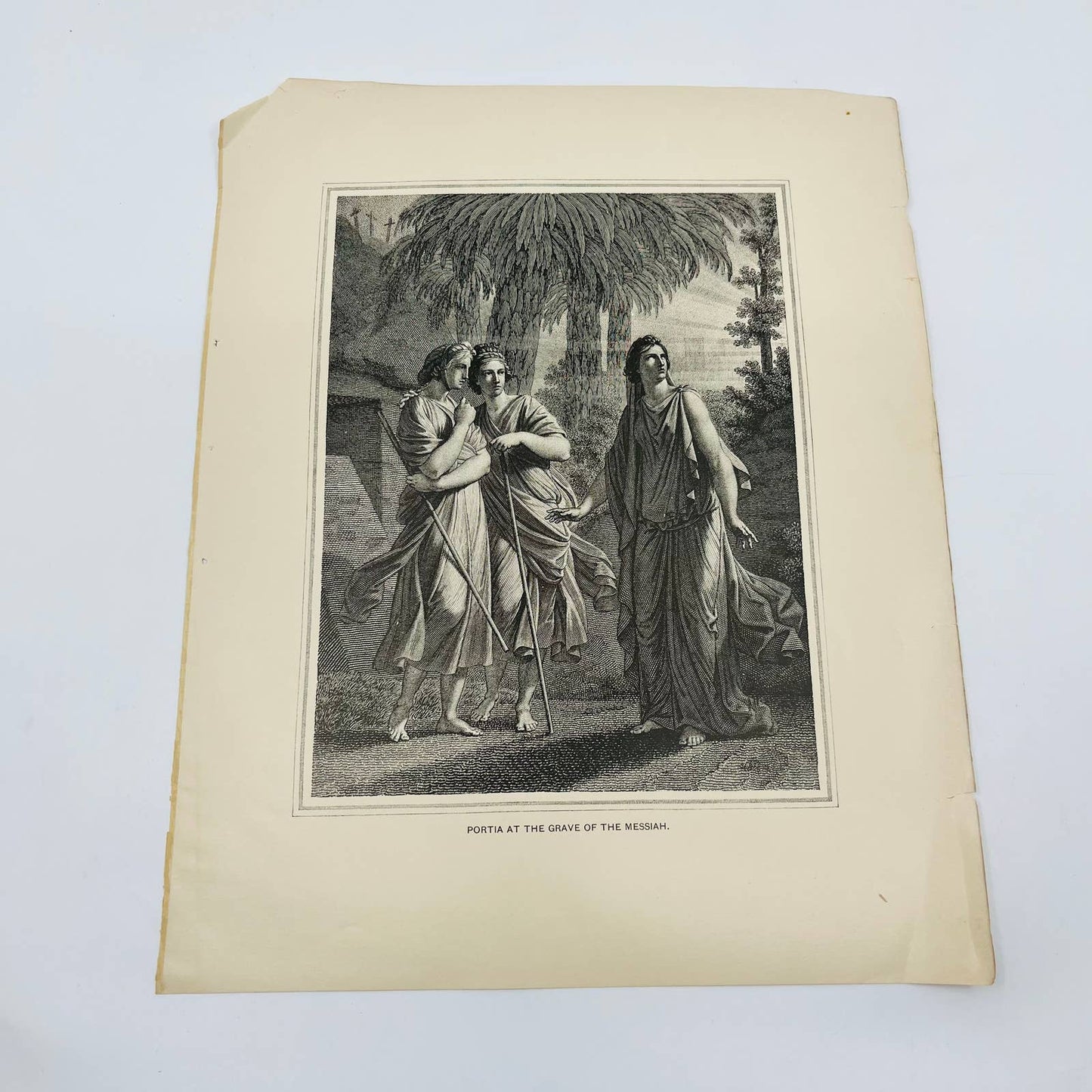 1880s Victorian Art Print Engraving PORTIA AT THE GRAVE OF THE MESSIAH Klopstock