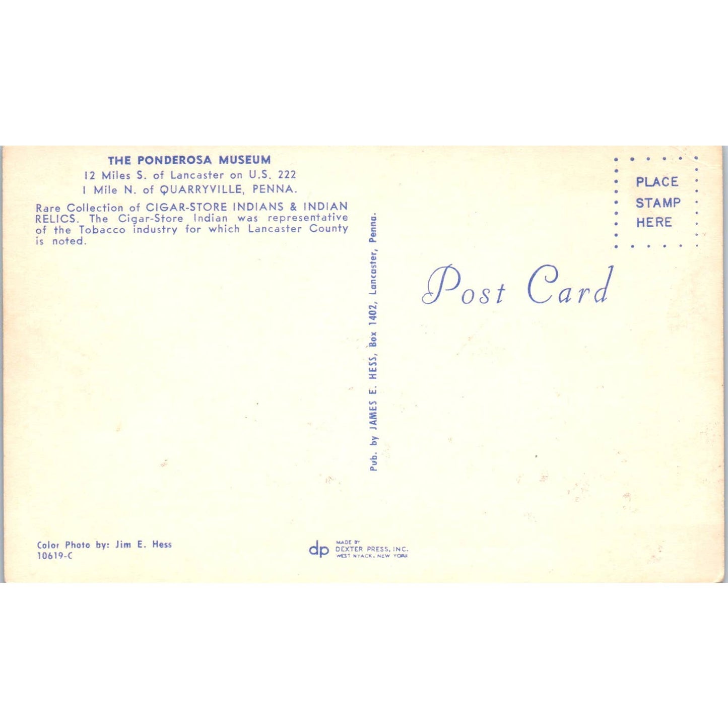 Vintage Postcard The Ponderosa Museum Indian Collection Quarryville PA TD9-P1
