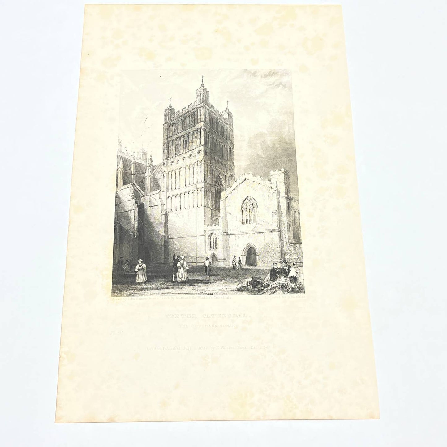 1836 Original Art Engraving Exeter Cathedral View of the Southern Tower AC4