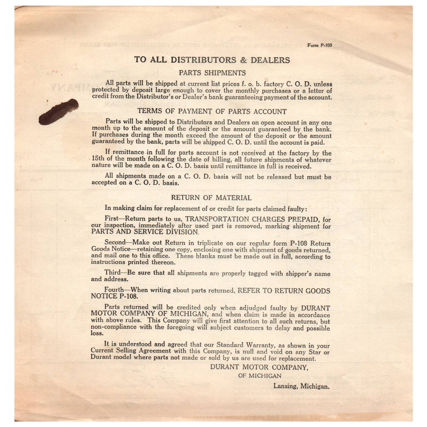 1929 Durant Motor Company Lansing MI Parts Order Blank Automotive Automobile  AD1