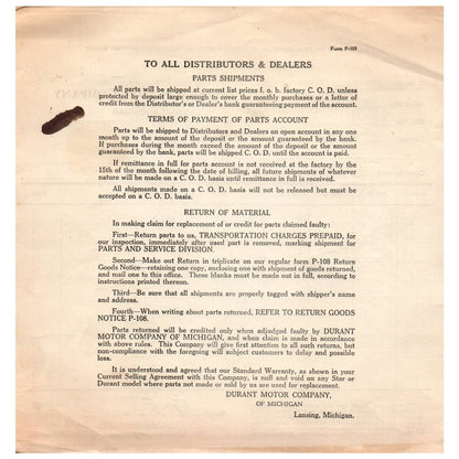 1929 Durant Motor Company Lansing MI Parts Order Blank Automotive Automobile  AD1
