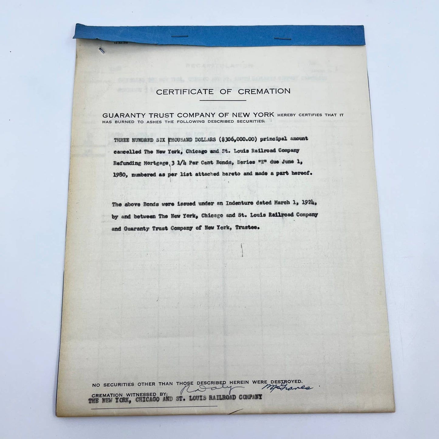 1954 New York, Ohio and St. Louis Railroad Company Certificate of Cremation AB2