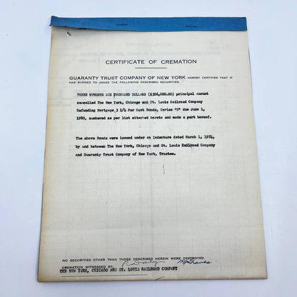 1954 New York, Ohio and St. Louis Railroad Company Certificate of Cremation AB2