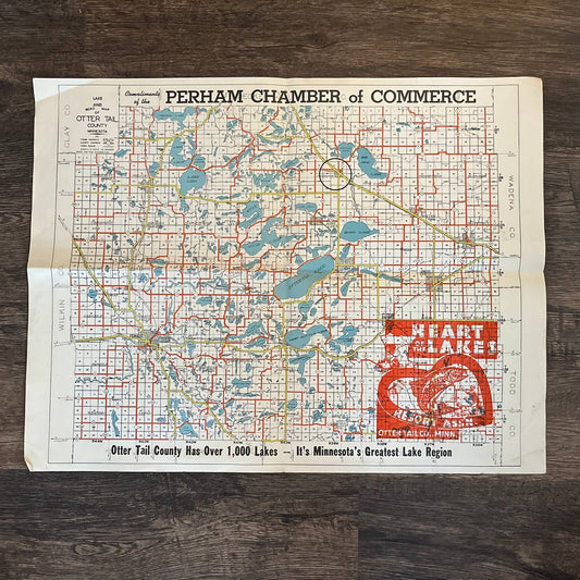 1951 Perham Chamber of Commerce Lake & Road Map of Otter Tail County 18x22" TG1