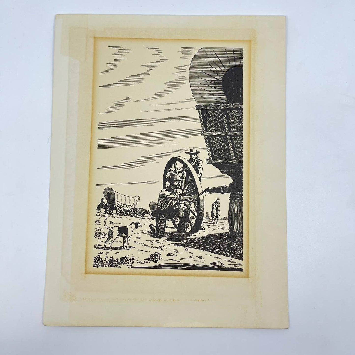 Vtg 1940s-50s Pencil Sketch Art Print Pioneers Fixing Covered Wagon Wheel FL3