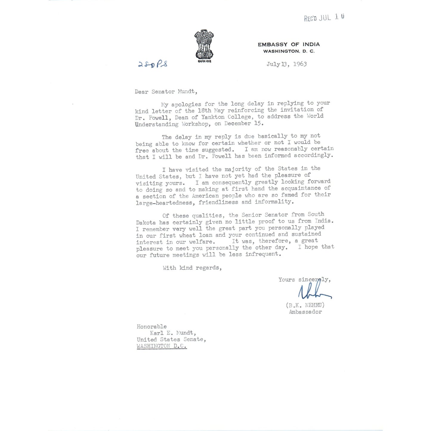 Embassy of India Official Letterhead Memo B.K. Nehru Ambassador Jul 1963 B15