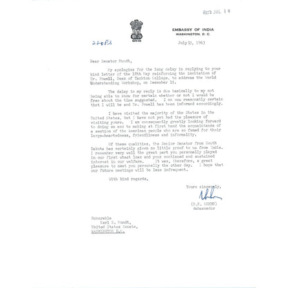 Embassy of India Official Letterhead Memo B.K. Nehru Ambassador Jul 1963 B15