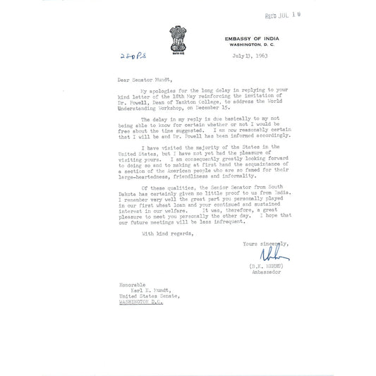 Embassy of India Official Letterhead Memo B.K. Nehru Ambassador Jul 1963 B15