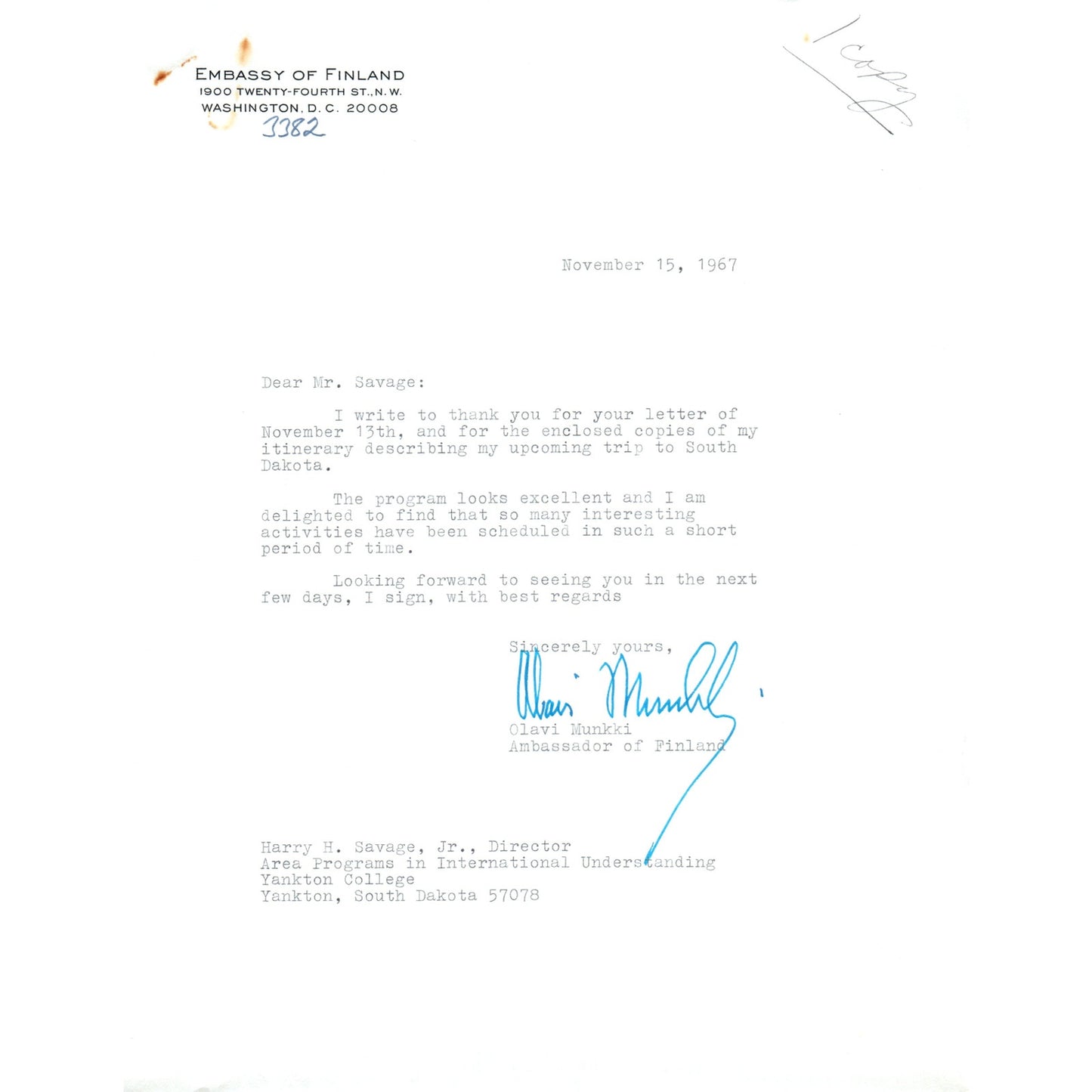 Finland Embassy Official Letterhead Memo Olavi Munkki Nov 15 1967 B15