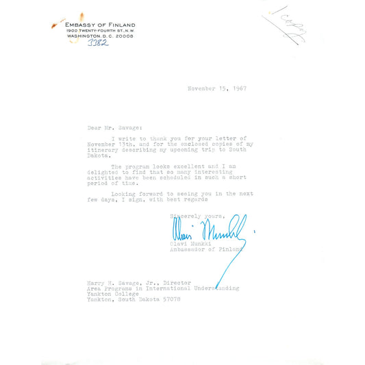 Finland Embassy Official Letterhead Memo Olavi Munkki Nov 15 1967 B15