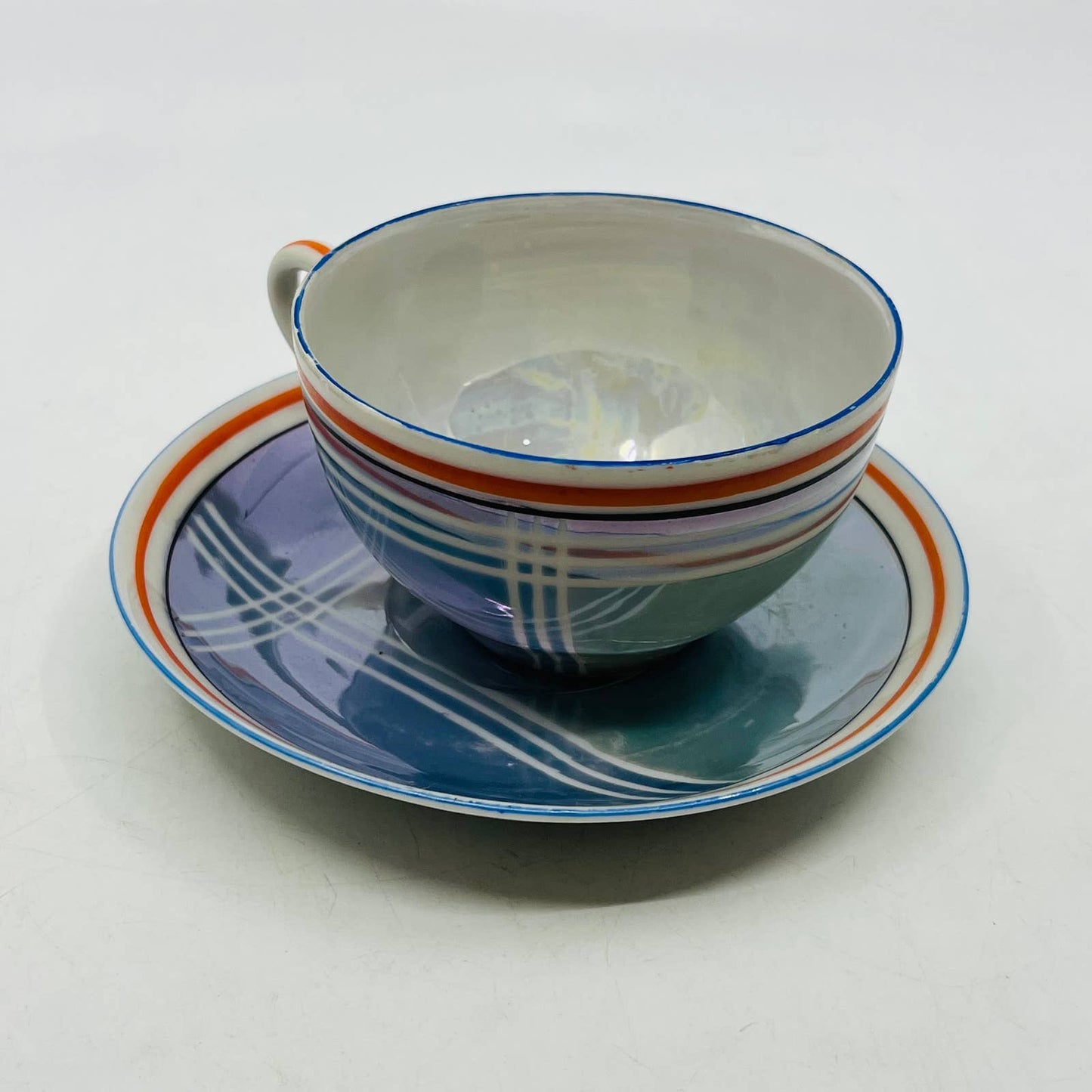 Vtg RARE Japanese Iridescent Opal Lusterware Blue Stripe Cup and Saucer Set TC5