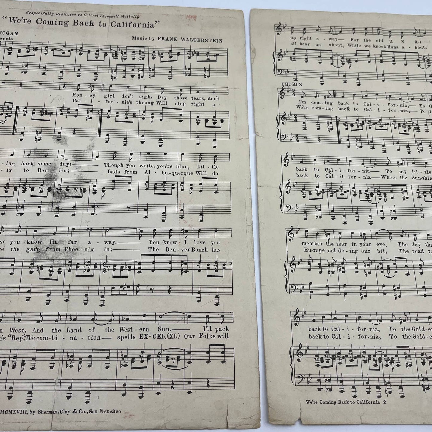 1918 WWI Military Sheet Music Official Song 40th Sunshine Division CA FL4