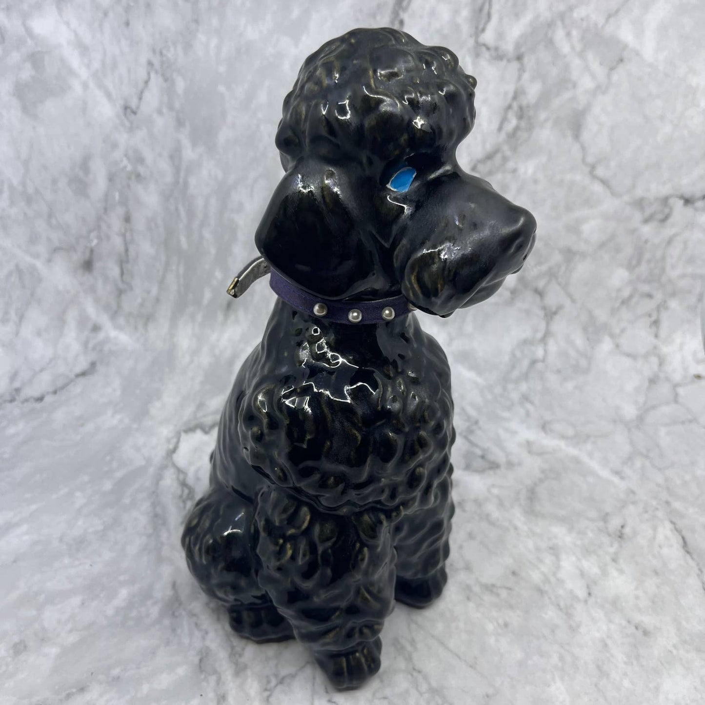 Vtg MCM Large Ceramic Black Poodle Blue Eyes w Collar 10.5" TI9