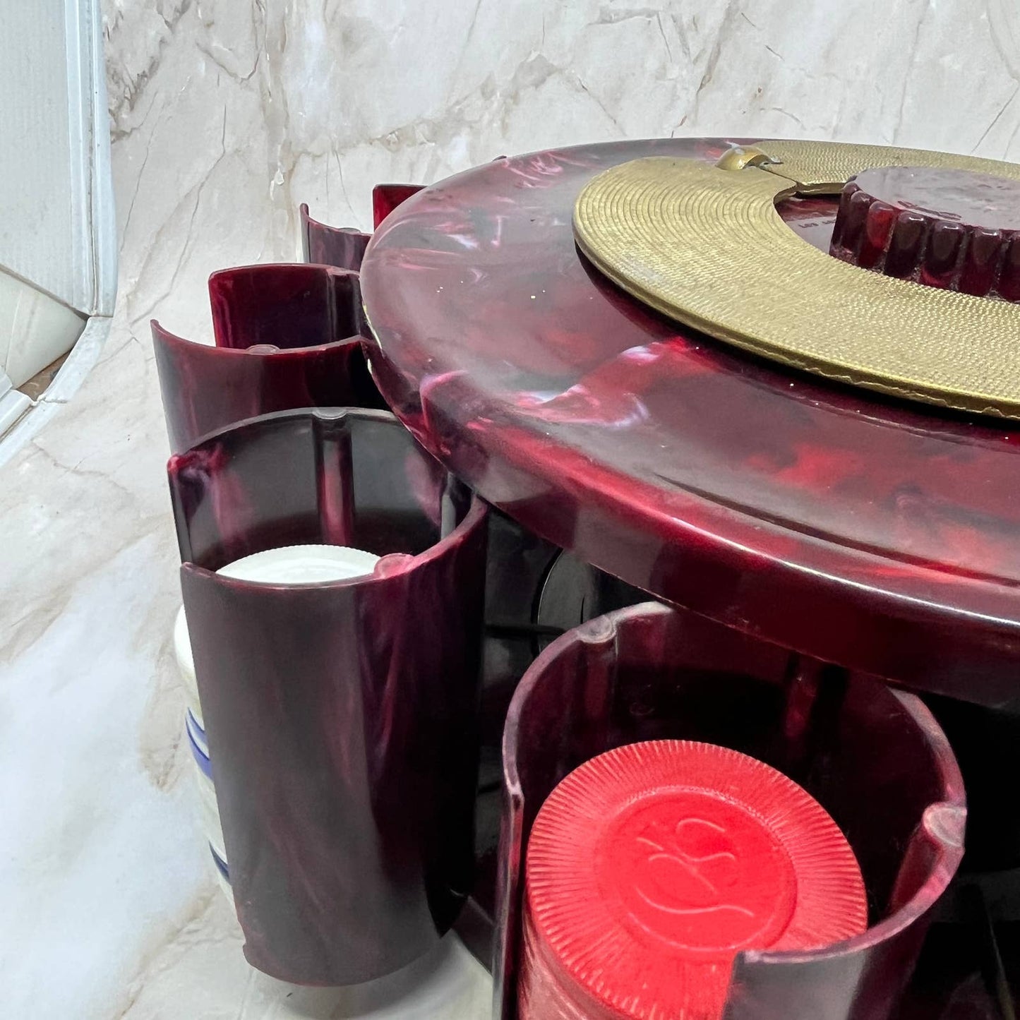 Vintage Turnit Poker Chip Caddy / Cranberry Marbled Bakelite WORKS 10” TC5
