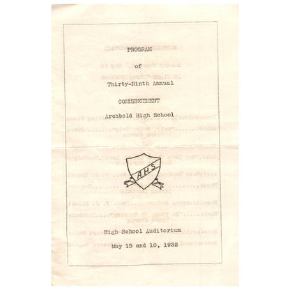 1932 Original Archbold High School 39th Annual Commencement Program AD8